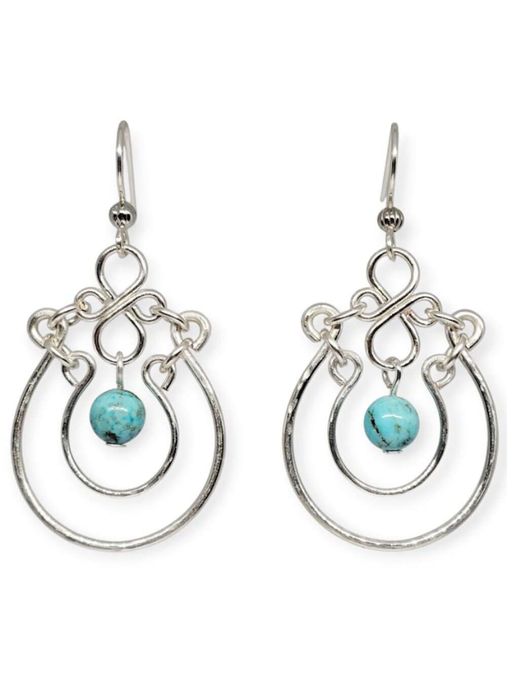 Turquoise Howlite Double Hoop Earrings Silver Dangle Boho Handmade Drop